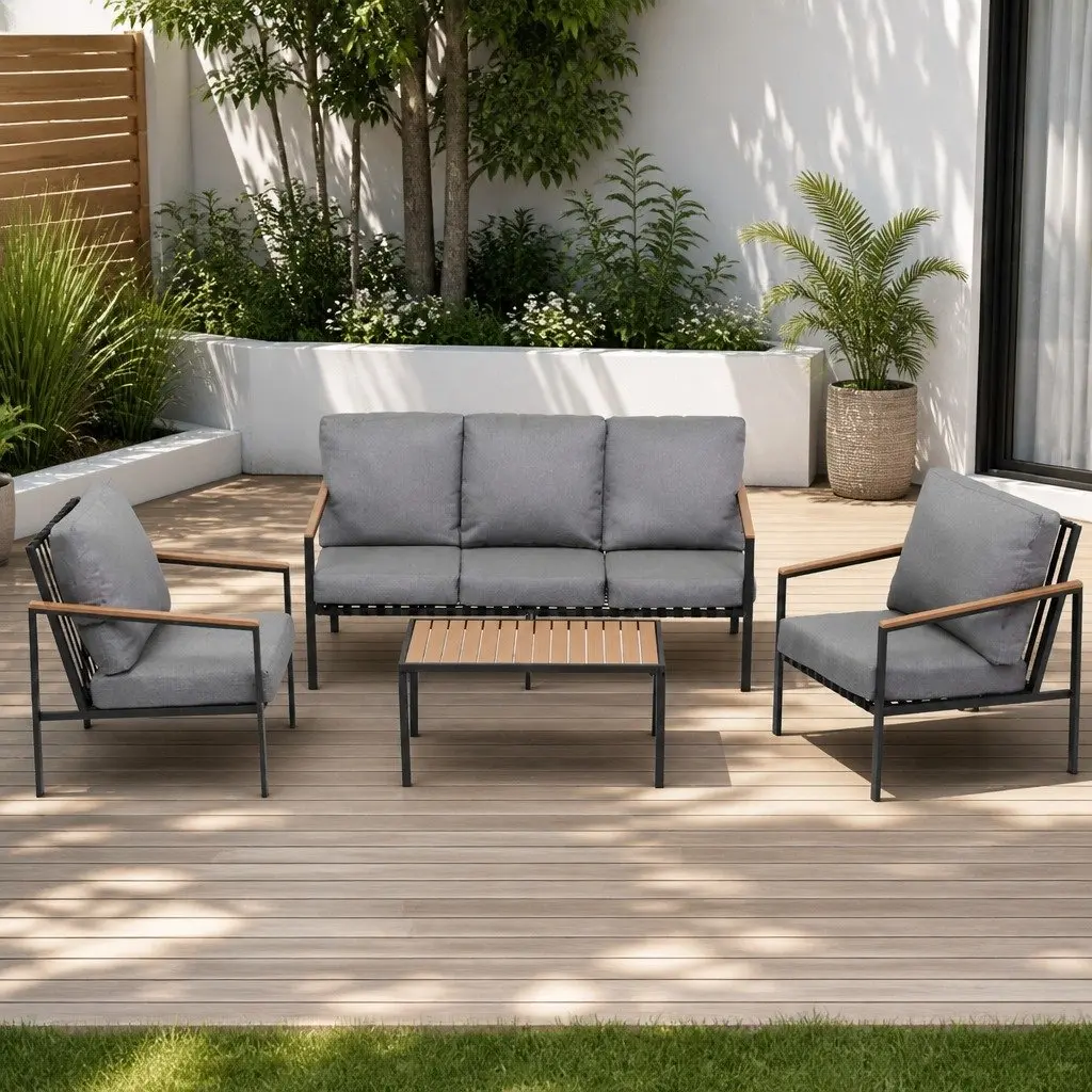 Outdoor Lounge Set Powder-coated Steel 4 Piece 5 Seater Black Grey