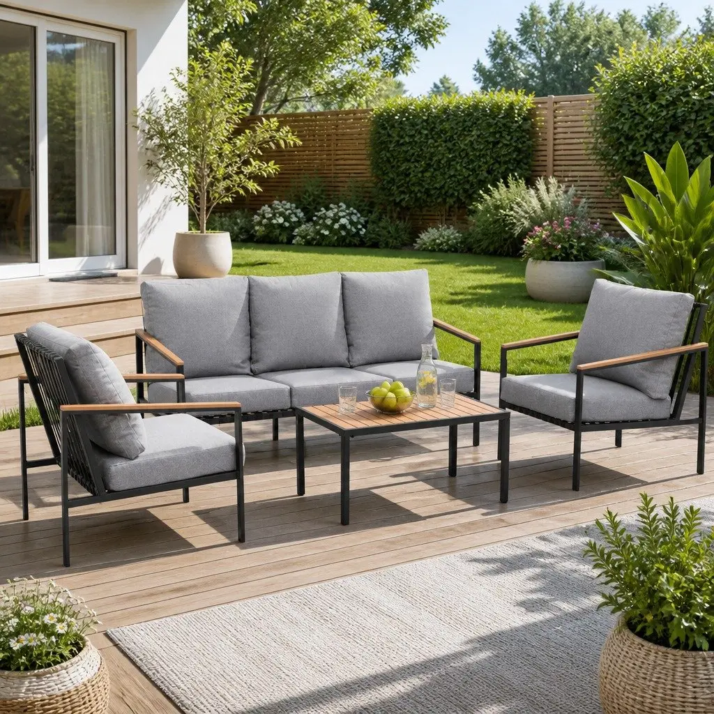 Outdoor Lounge Set Powder-coated Steel 4 Piece 5 Seater Black Grey