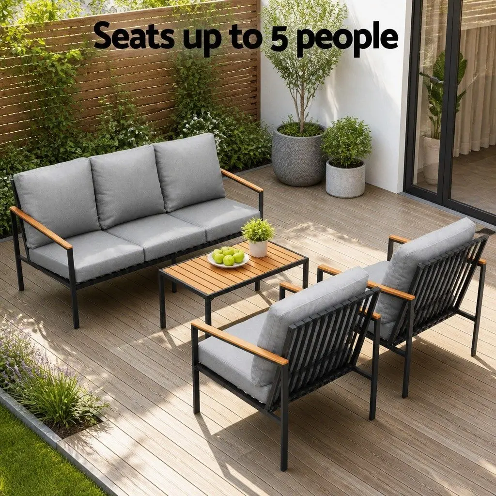 Outdoor Lounge Set Powder-coated Steel 4 Piece 5 Seater Black Grey