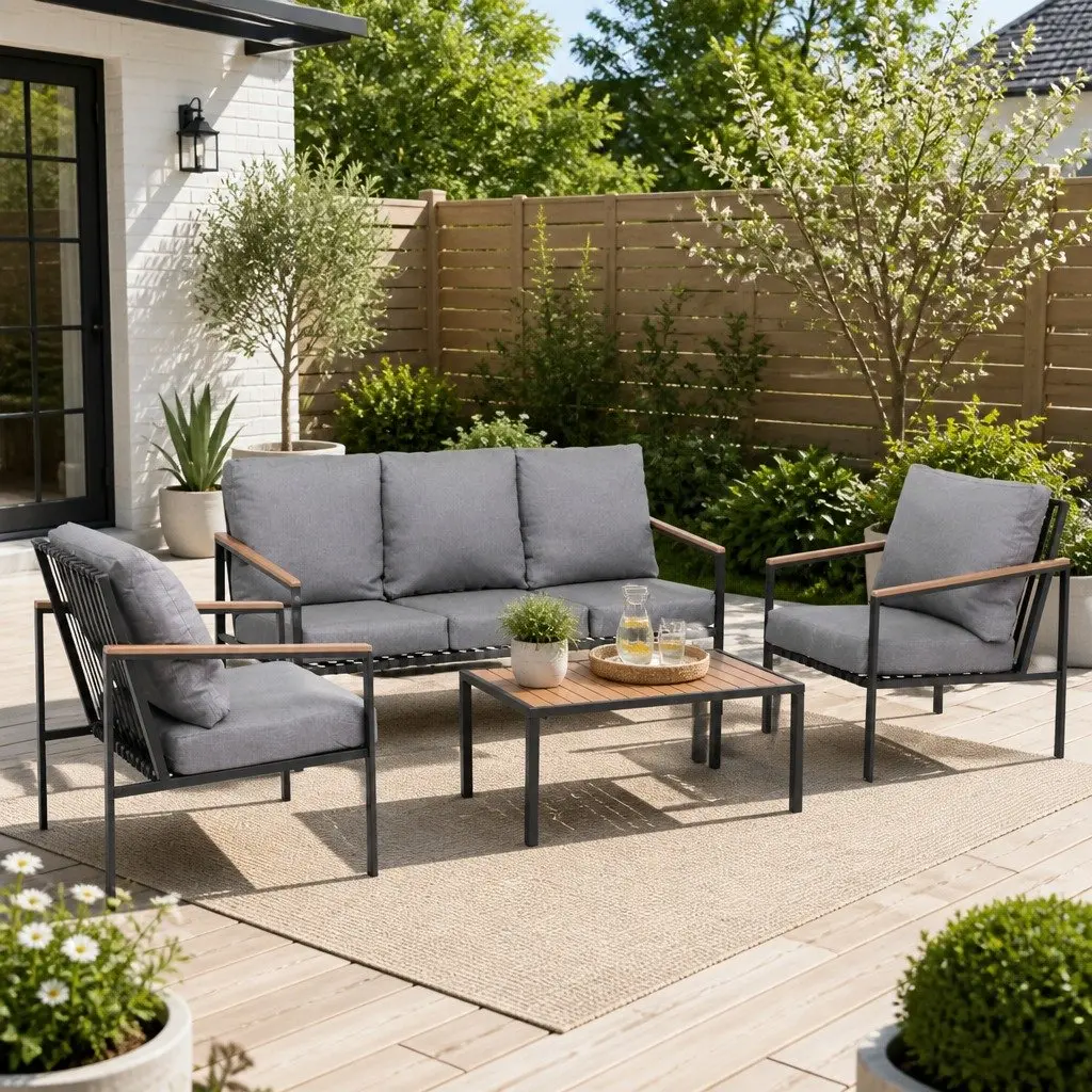 Outdoor Lounge Set Powder-coated Steel 4 Piece 5 Seater Black Grey