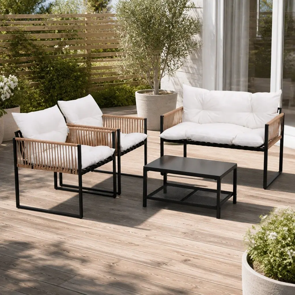4 Piece Outdoor Lounge Set UV Resistant PE Wicker Black Frame White Cushions Garden Patio Sofa Table Chair Furniture