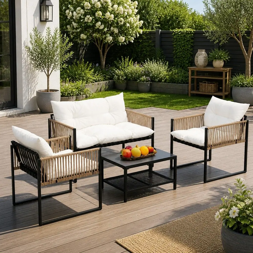 4 Piece Outdoor Lounge Set UV Resistant PE Wicker Black Frame White Cushions Garden Patio Sofa Table Chair Furniture
