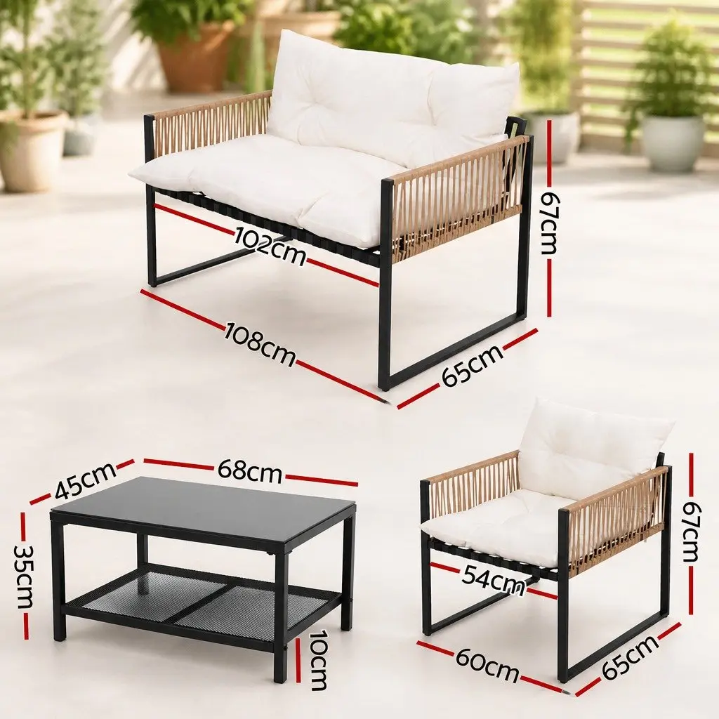4 Piece Outdoor Lounge Set UV Resistant PE Wicker Black Frame White Cushions Garden Patio Sofa Table Chair Furniture