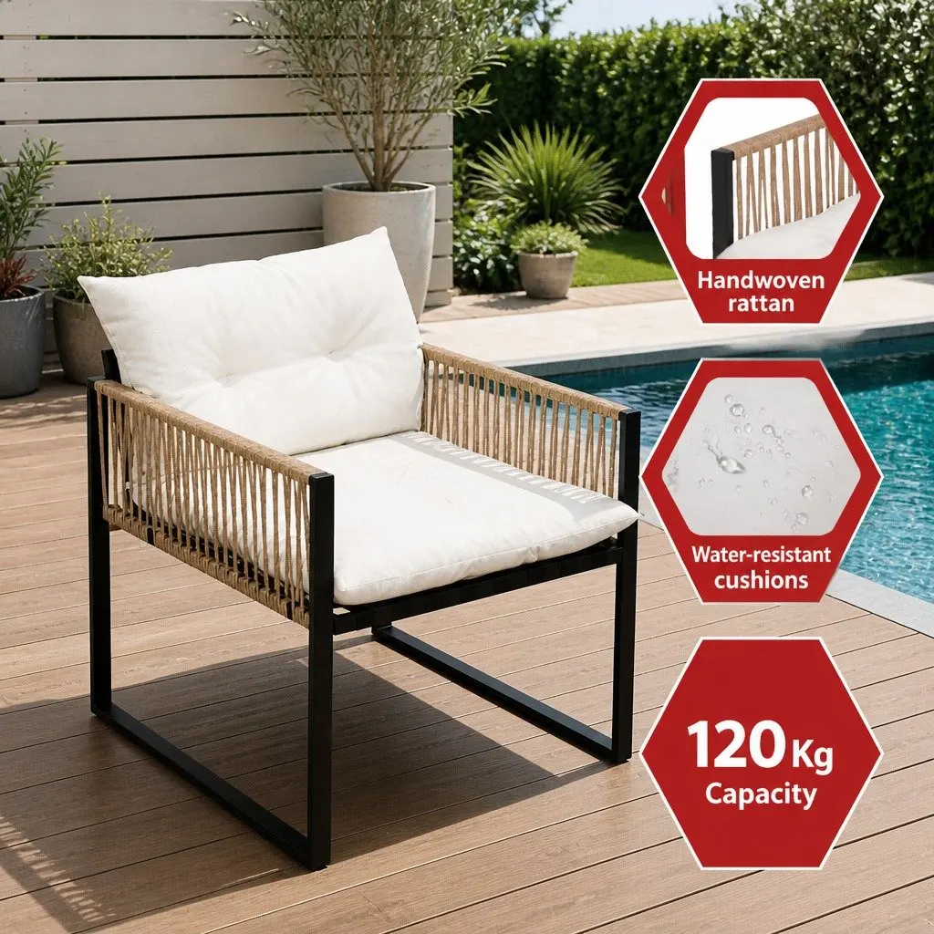 4 Piece Outdoor Lounge Set UV Resistant PE Wicker Black Frame White Cushions Garden Patio Sofa Table Chair Furniture