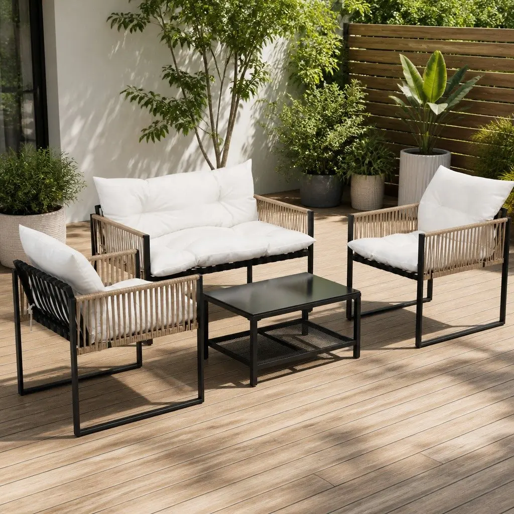 4 Piece Outdoor Lounge Set UV Resistant PE Wicker Black Frame White Cushions Garden Patio Sofa Table Chair Furniture