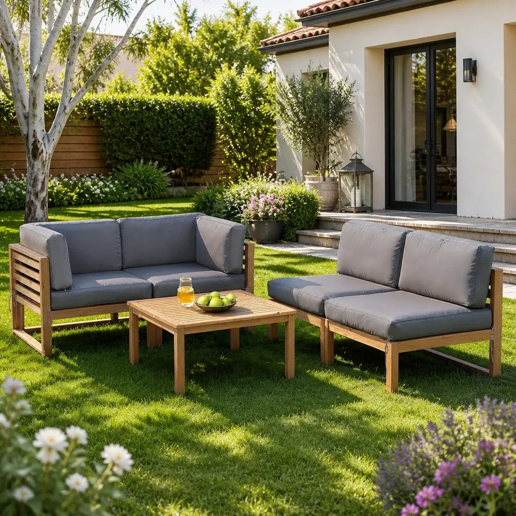 4-Piece Outdoor Sofa Set Wooden Lounge Garden Furniture Couch Armchairs Coffee