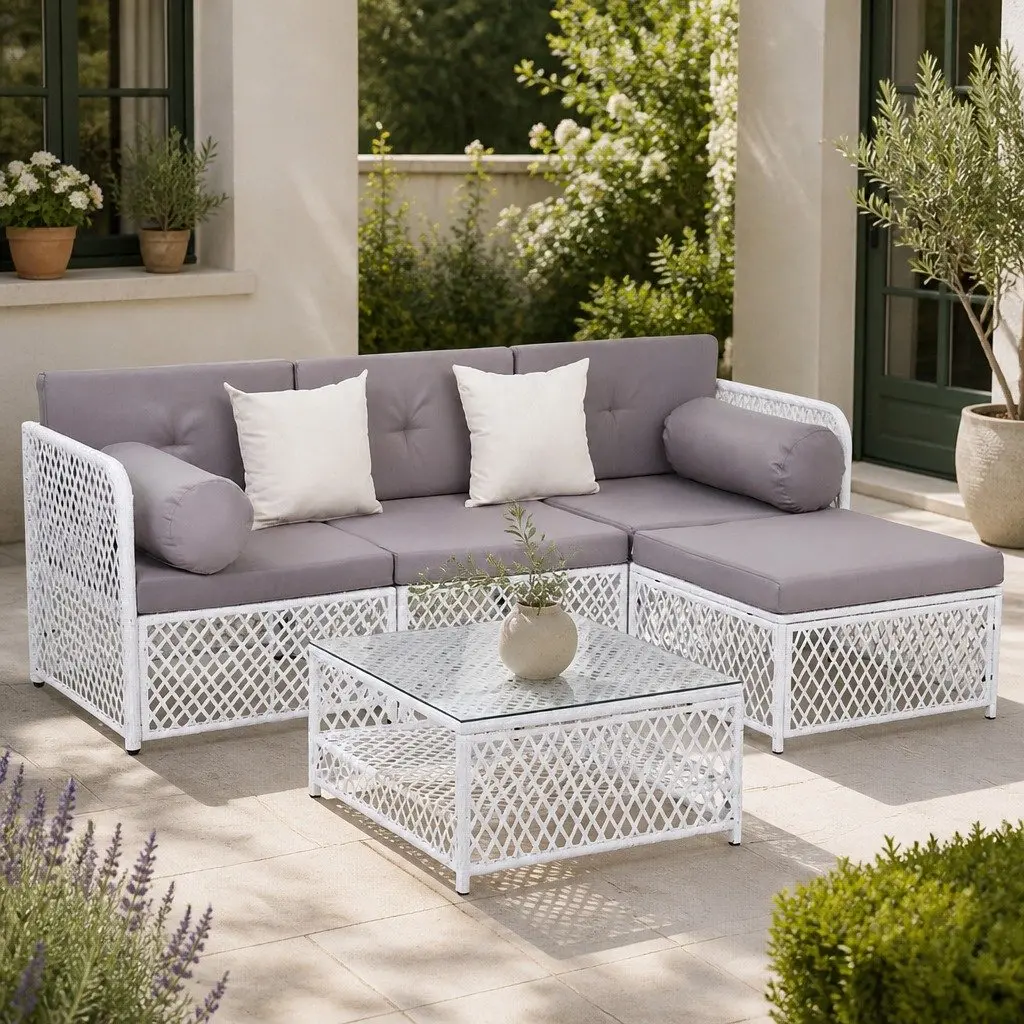 5 Piece Outdoor Sofa Set PE Wicker Powder Coated Metal Grey White 4 Seater Lounge Chair Ottoman Table