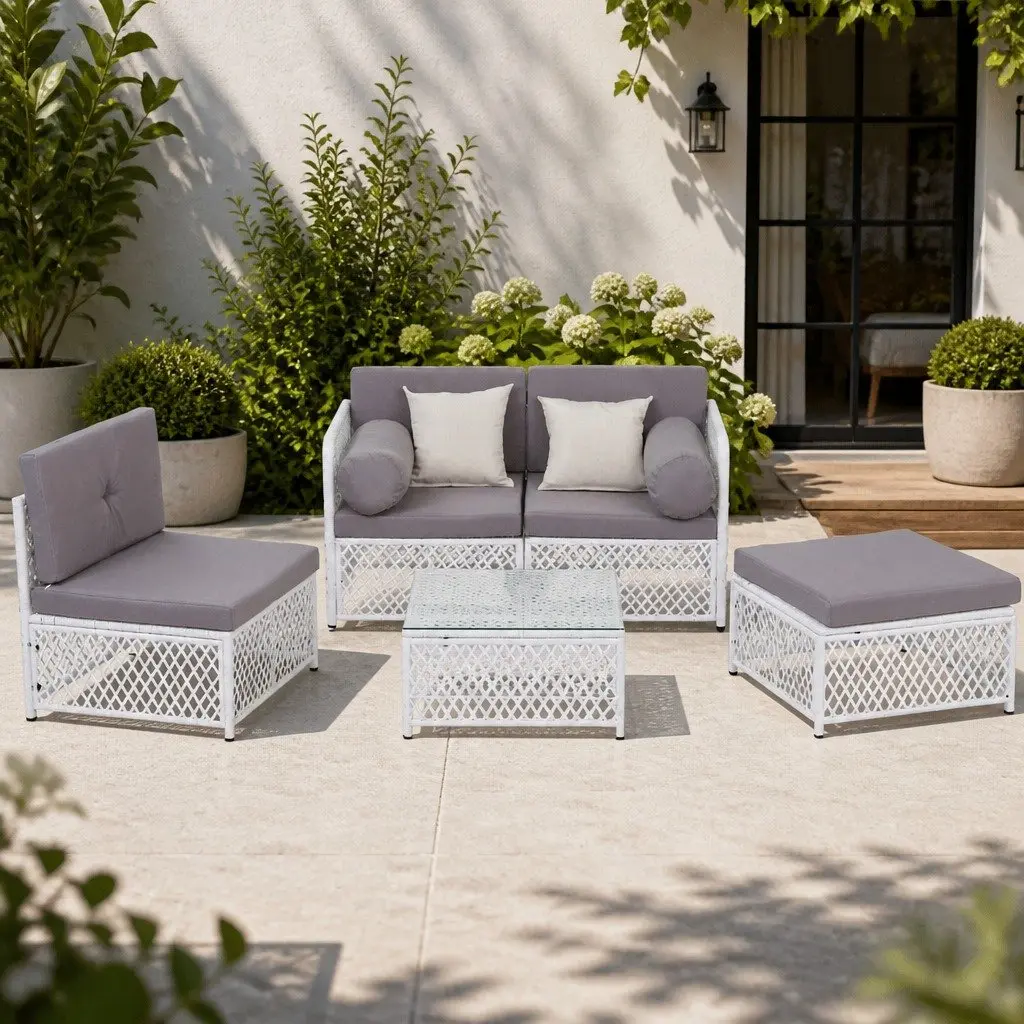 5 Piece Outdoor Sofa Set PE Wicker Powder Coated Metal Grey White 4 Seater Lounge Chair Ottoman Table