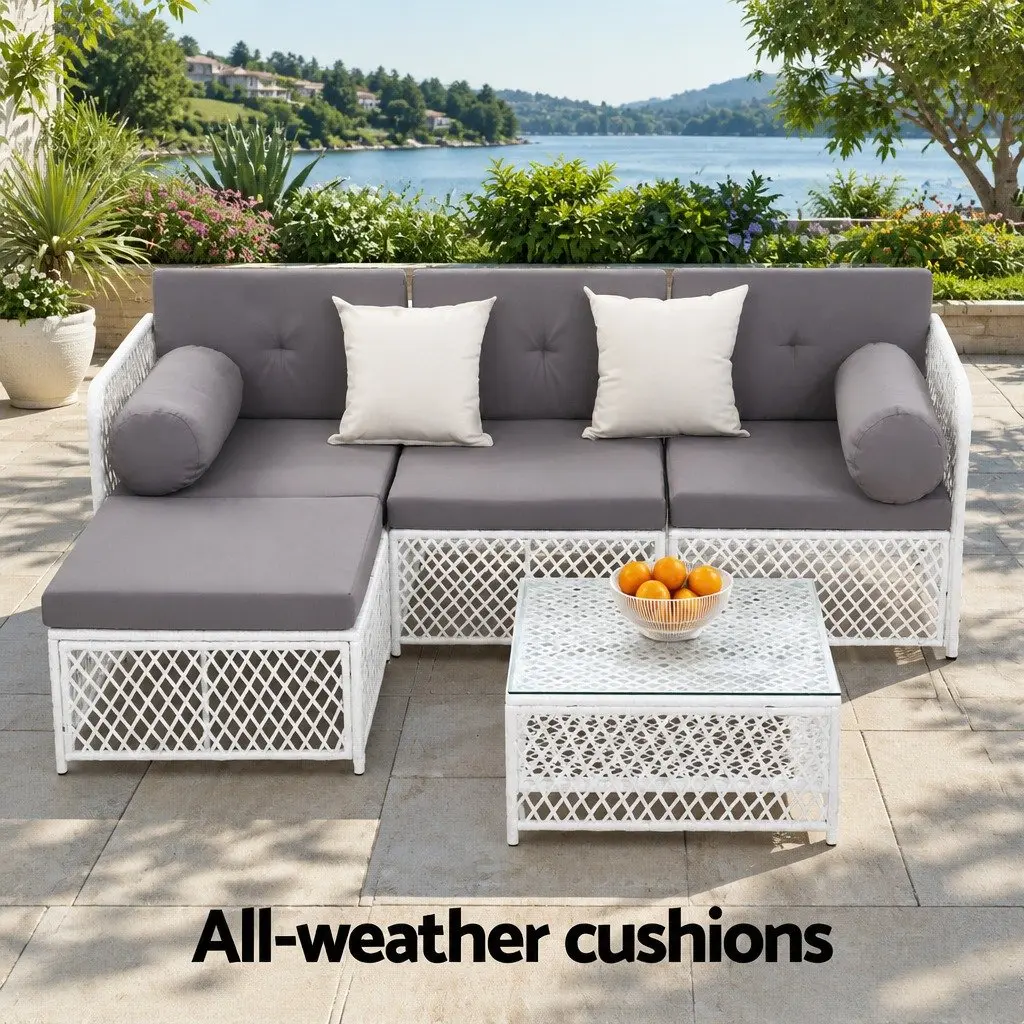 5 Piece Outdoor Sofa Set PE Wicker Powder Coated Metal Grey White 4 Seater Lounge Chair Ottoman Table
