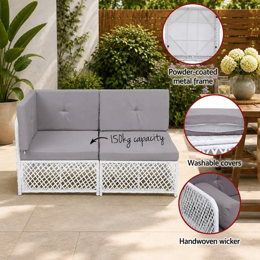 5 Piece Outdoor Sofa Set PE Wicker Powder Coated Metal Grey White 4 Seater Lounge Chair Ottoman Table