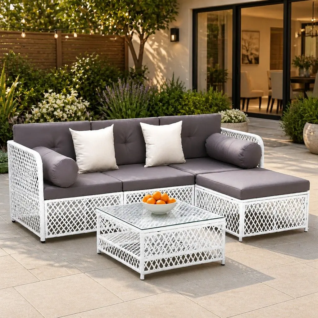 5 Piece Outdoor Sofa Set PE Wicker Powder Coated Metal Grey White 4 Seater Lounge Chair Ottoman Table
