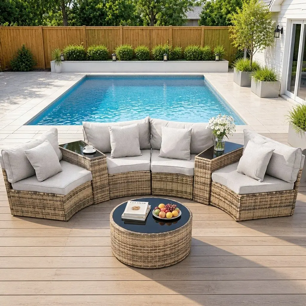 Outdoor Sofa Set 7 Piece Brown Rattan 4 Seater Lounge Suite with Light Grey Cushions