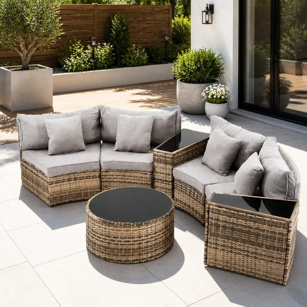 Outdoor Sofa Set 7 Piece Brown Rattan 4 Seater Lounge Suite with Light Grey Cushions