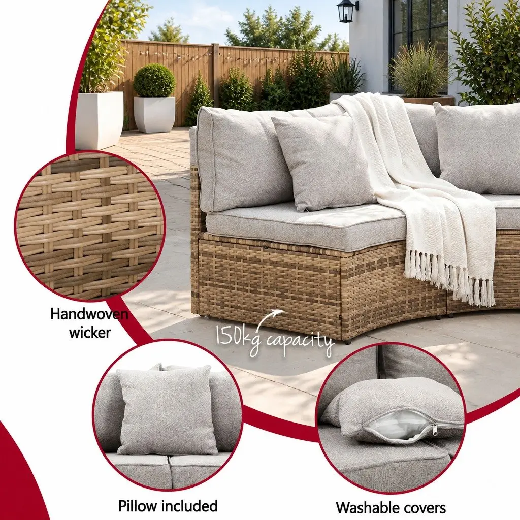 Outdoor Sofa Set 7 Piece Brown Rattan 4 Seater Lounge Suite with Light Grey Cushions