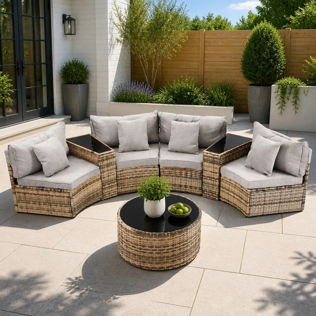 Outdoor Sofa Set 7 Piece Brown Rattan 4 Seater Lounge Suite with Light Grey Cushions
