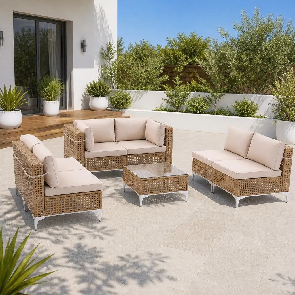 7 Piece Outdoor Sofa Set Modular Rattan Patio Furniture Coffee Table Beige