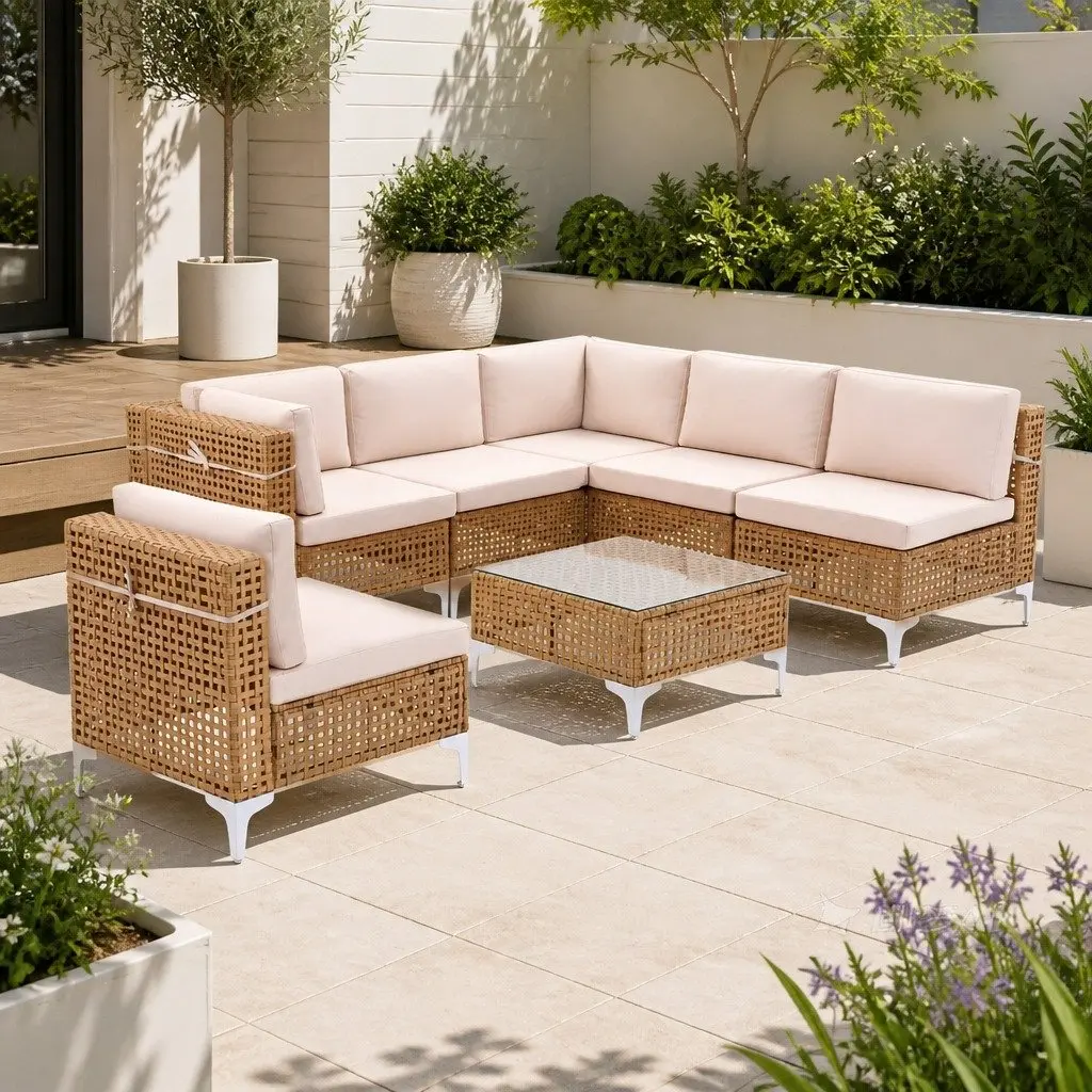 7 Piece Outdoor Sofa Set Modular Rattan Patio Furniture Coffee Table Beige