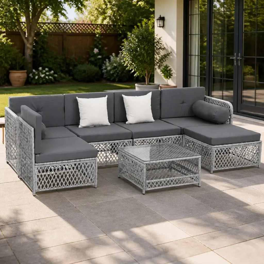 7 Piece Outdoor Sofa Set Powder-Coated Metal Frame UV-Resistant PE Wicker Cushioned Seating Grey