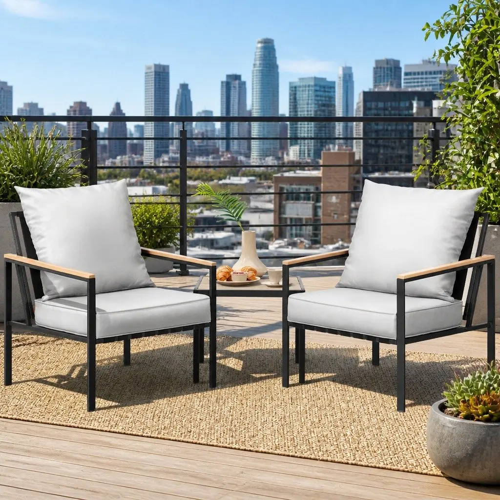 3PC Outdoor Lounge Set Powder-Coated Steel Black Grey Cushions