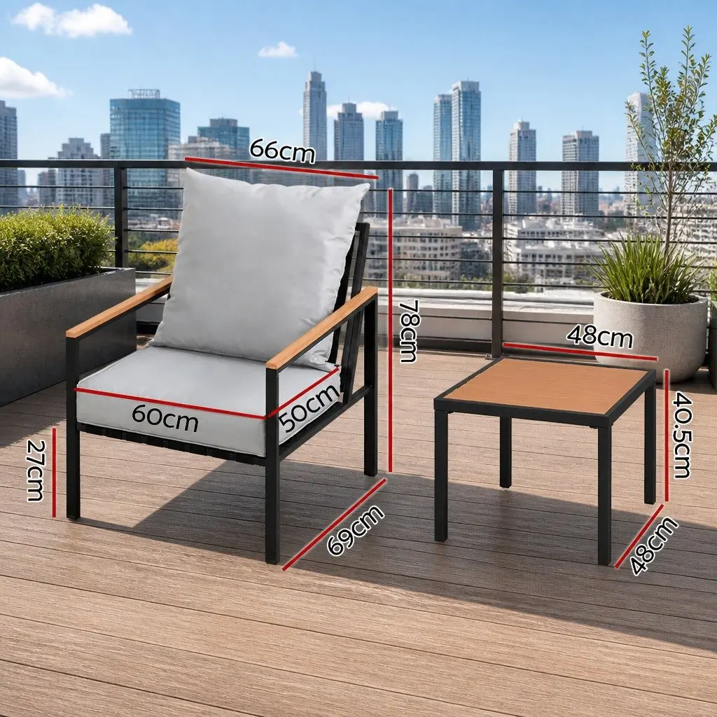 3PC Outdoor Lounge Set Powder-Coated Steel Black Grey Cushions