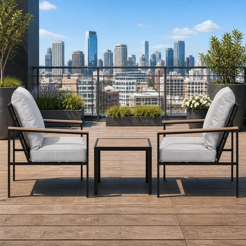 3PC Outdoor Lounge Set Powder-Coated Steel Black Grey Cushions