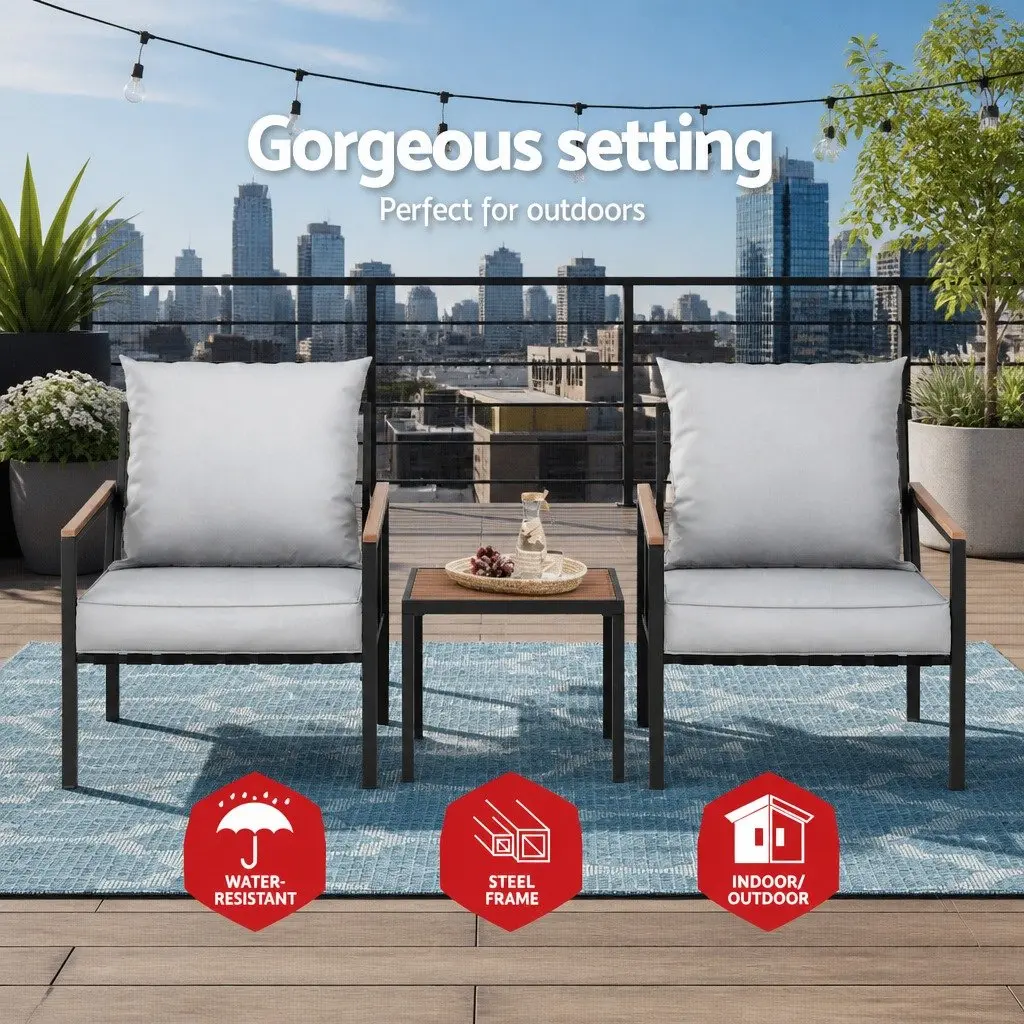 3PC Outdoor Lounge Set Powder-Coated Steel Black Grey Cushions