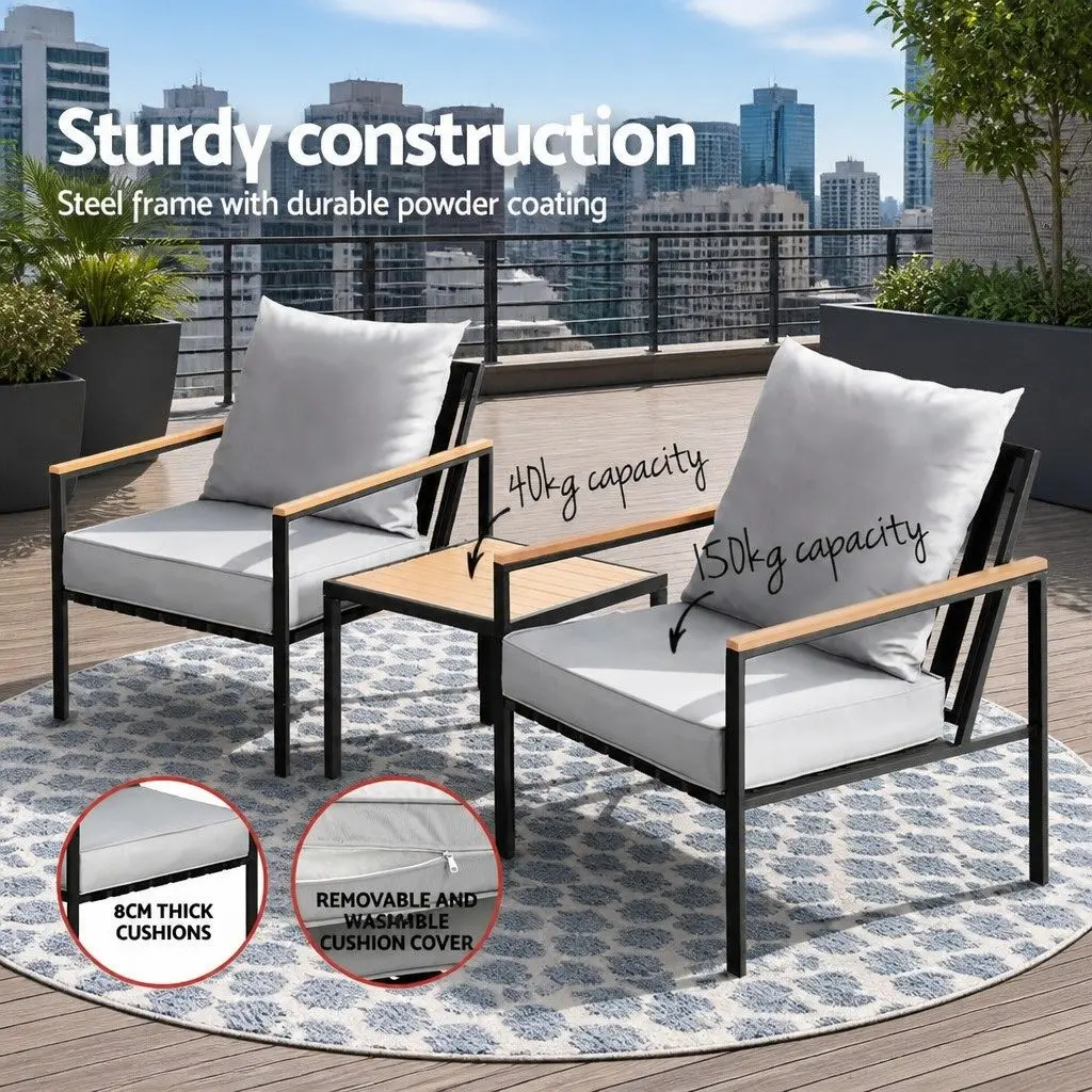 3PC Outdoor Lounge Set Powder-Coated Steel Black Grey Cushions
