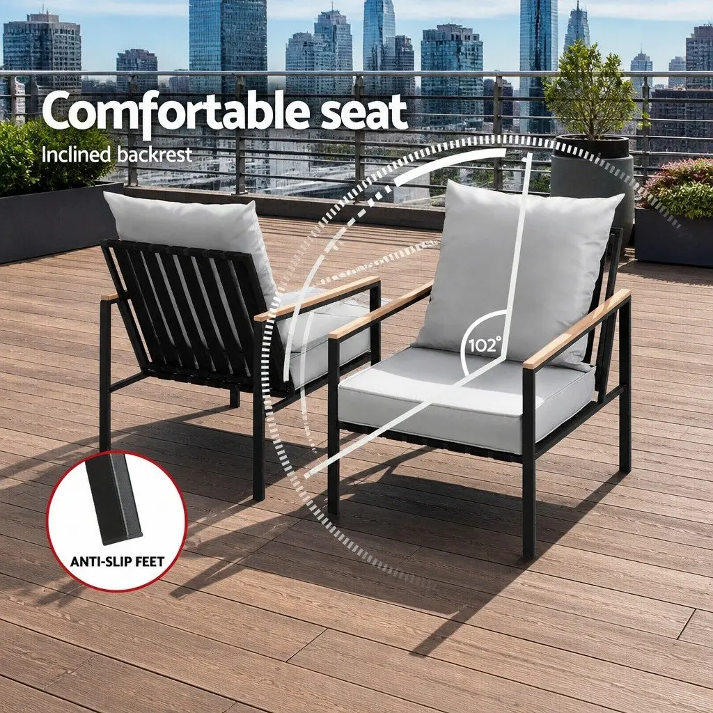 3PC Outdoor Lounge Set Powder-Coated Steel Black Grey Cushions