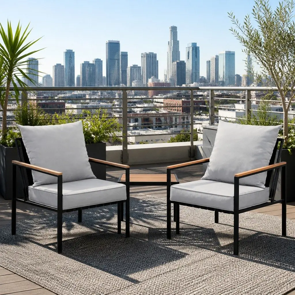 3PC Outdoor Lounge Set Powder-Coated Steel Black Grey Cushions