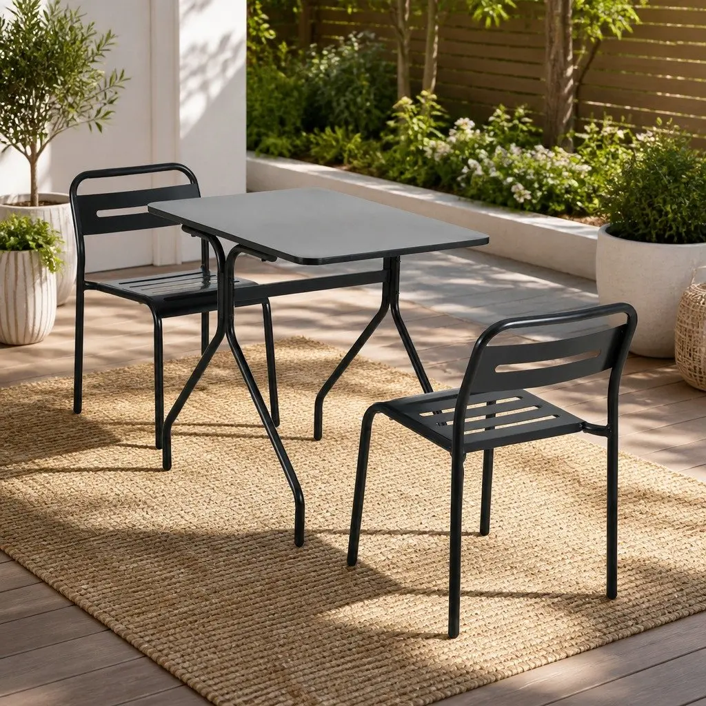 Black Steel Bistro Set 3 Piece Outdoor Dining Table and Chairs for Patio or Garden Use