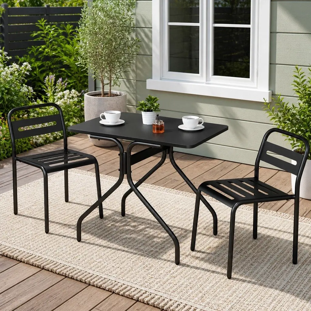 Black Steel Bistro Set 3 Piece Outdoor Dining Table and Chairs for Patio or Garden Use