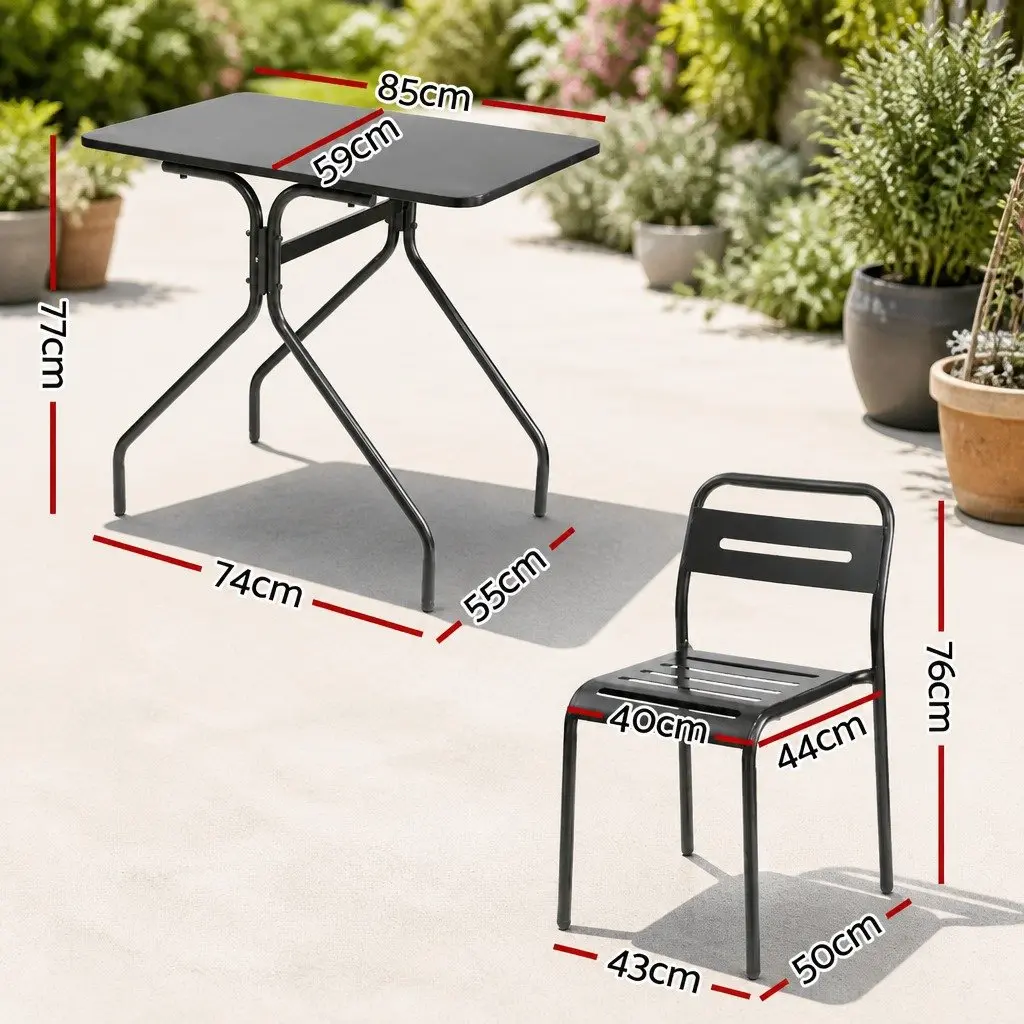 Black Steel Bistro Set 3 Piece Outdoor Dining Table and Chairs for Patio or Garden Use