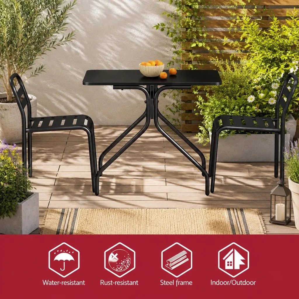 Black Steel Bistro Set 3 Piece Outdoor Dining Table and Chairs for Patio or Garden Use