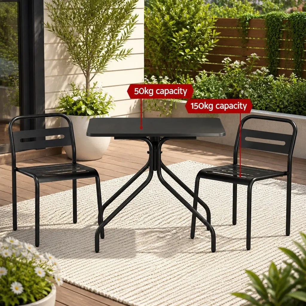 Black Steel Bistro Set 3 Piece Outdoor Dining Table and Chairs for Patio or Garden Use