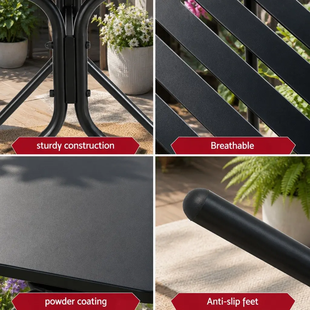 Black Steel Bistro Set 3 Piece Outdoor Dining Table and Chairs for Patio or Garden Use
