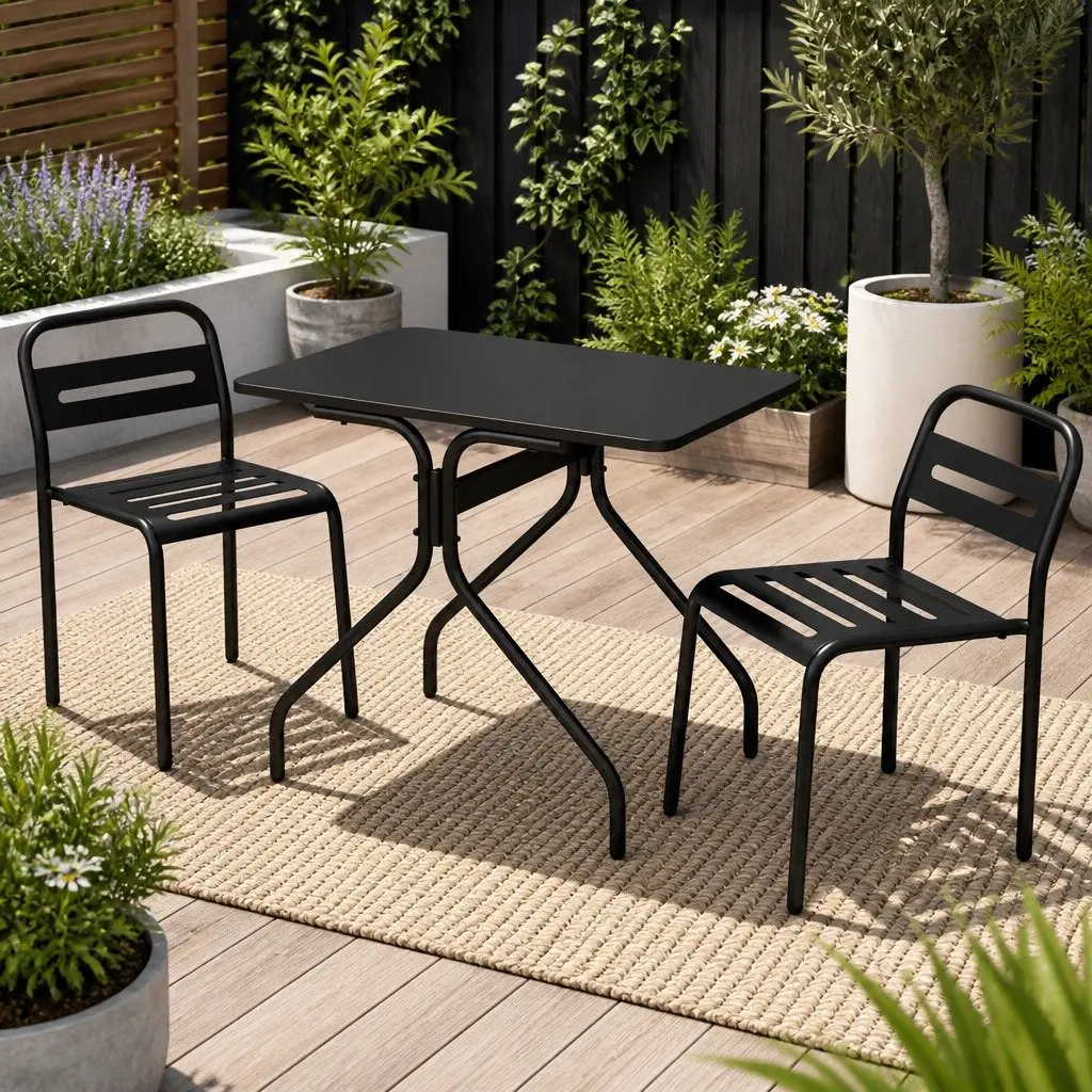 Black Steel Bistro Set 3 Piece Outdoor Dining Table and Chairs for Patio or Garden Use