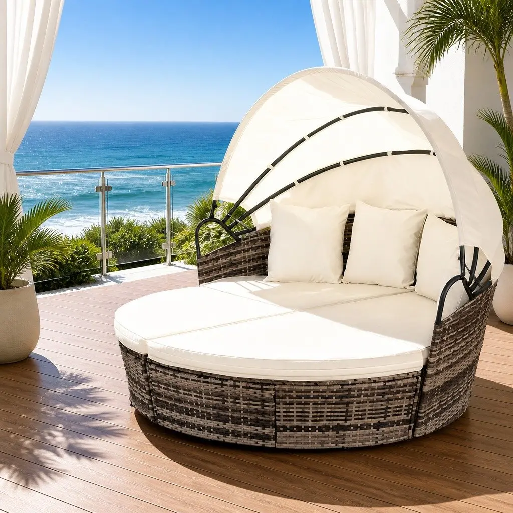 Outdoor Day Bed Wicker Folding Canopy Beige 3 Piece
