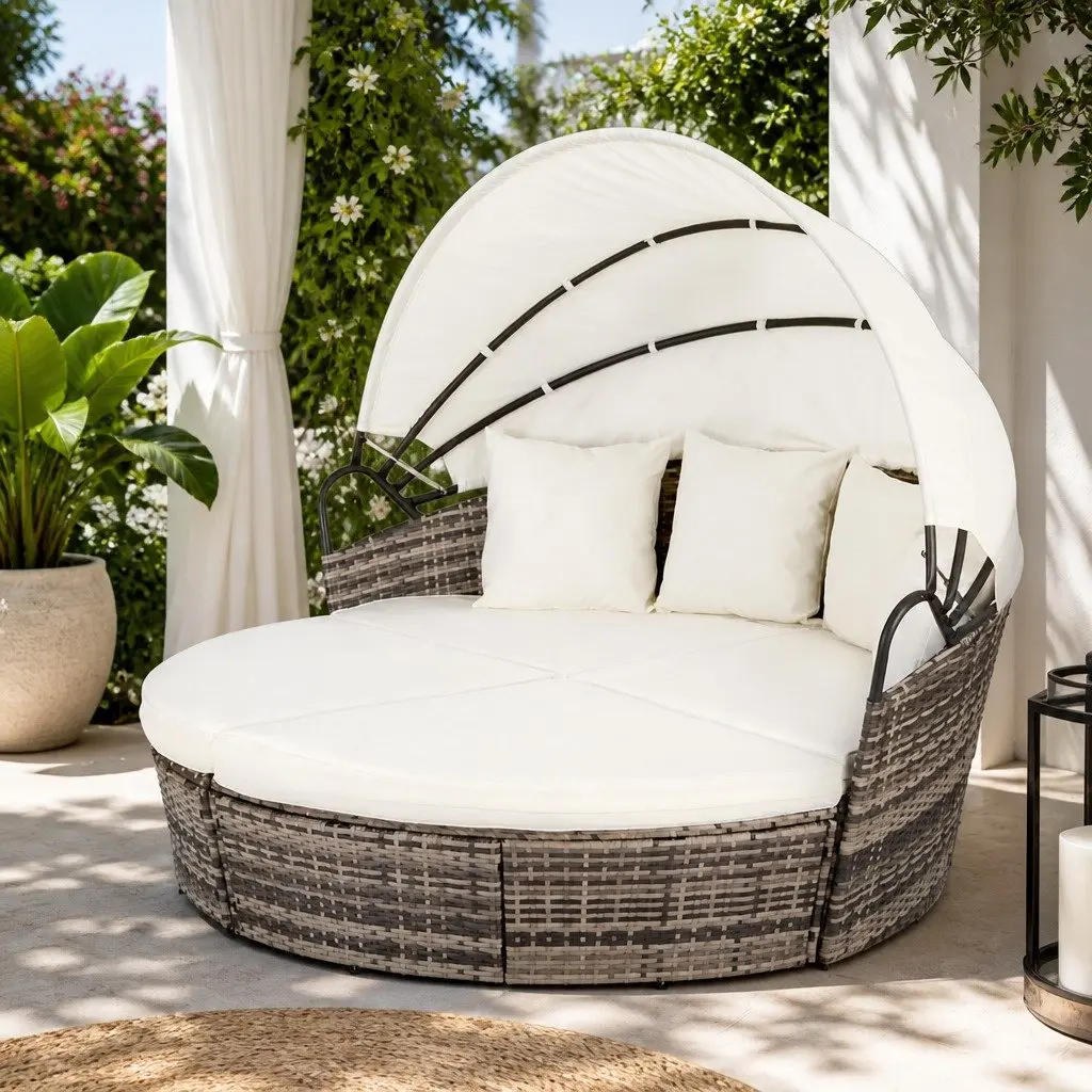 Outdoor Day Bed Wicker Folding Canopy Beige 3 Piece