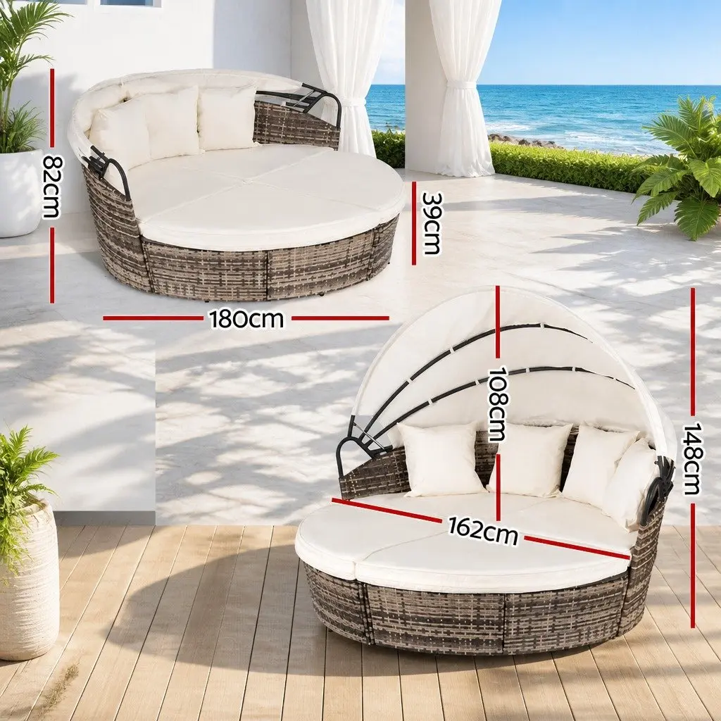 Outdoor Day Bed Wicker Folding Canopy Beige 3 Piece