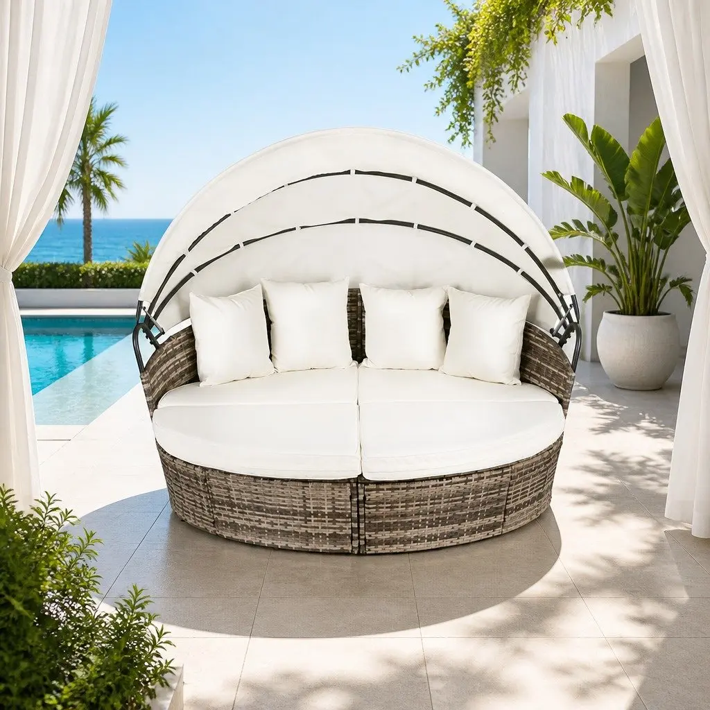 Outdoor Day Bed Wicker Folding Canopy Beige 3 Piece