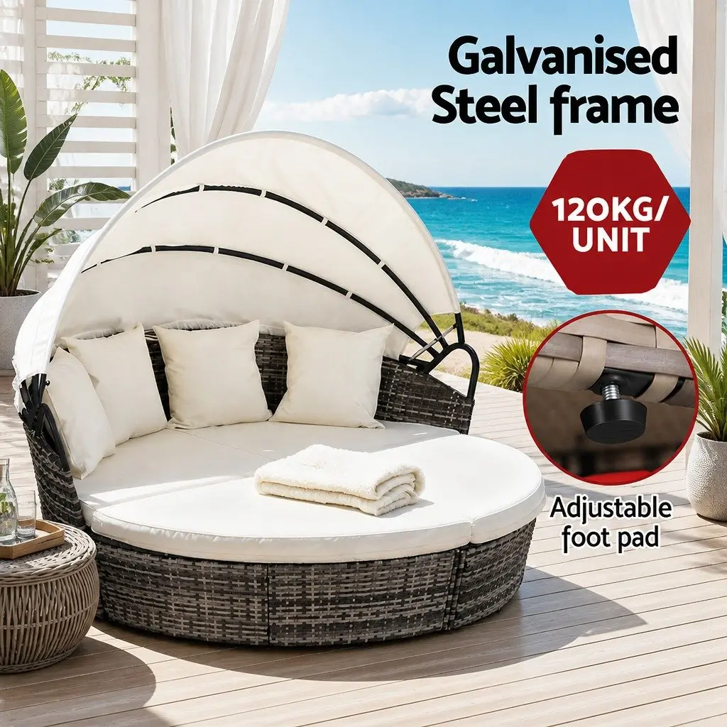 Outdoor Day Bed Wicker Folding Canopy Beige 3 Piece