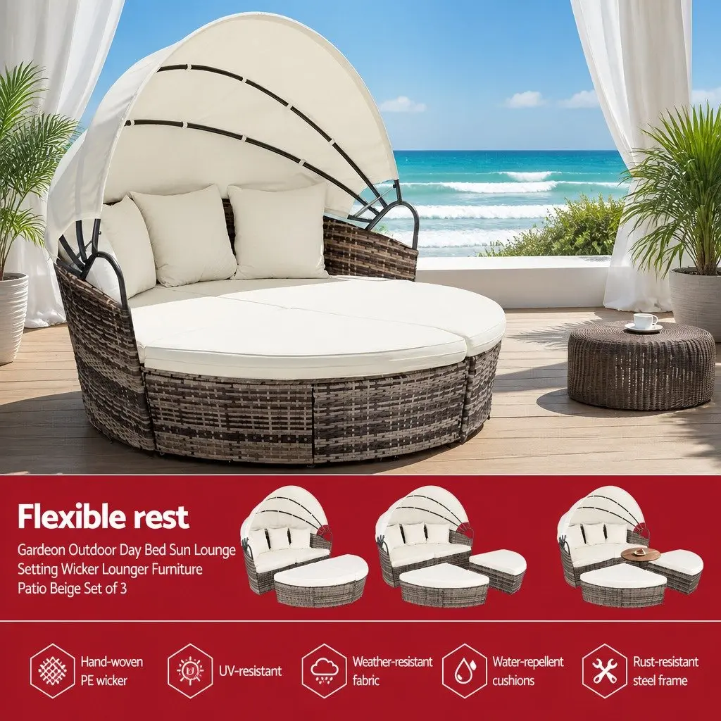 Outdoor Day Bed Wicker Folding Canopy Beige 3 Piece