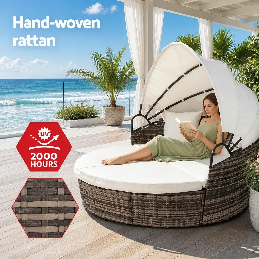 Outdoor Day Bed Wicker Folding Canopy Beige 3 Piece