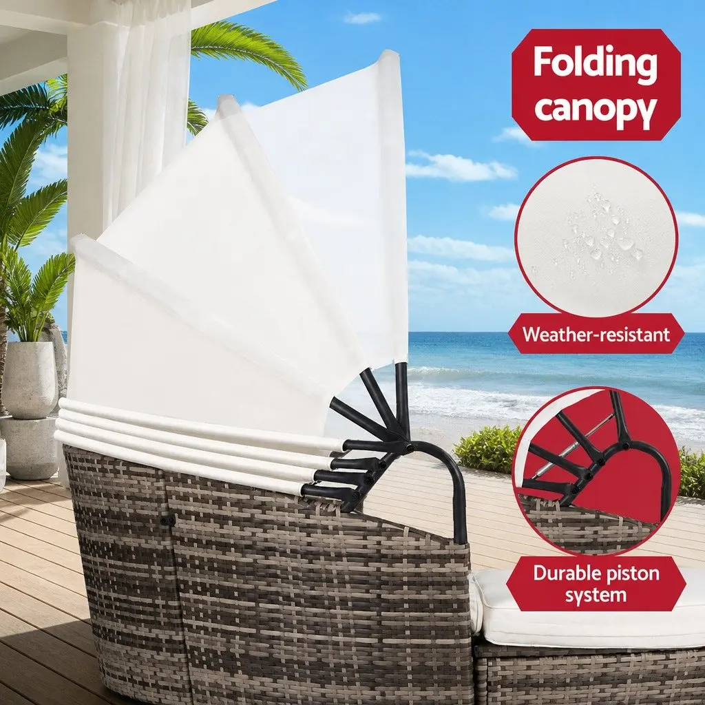 Outdoor Day Bed Wicker Folding Canopy Beige 3 Piece