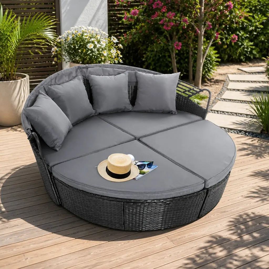 Outdoor Day Bed Sun Lounge Wicker Lounger Patio Furniture with Canopy Black