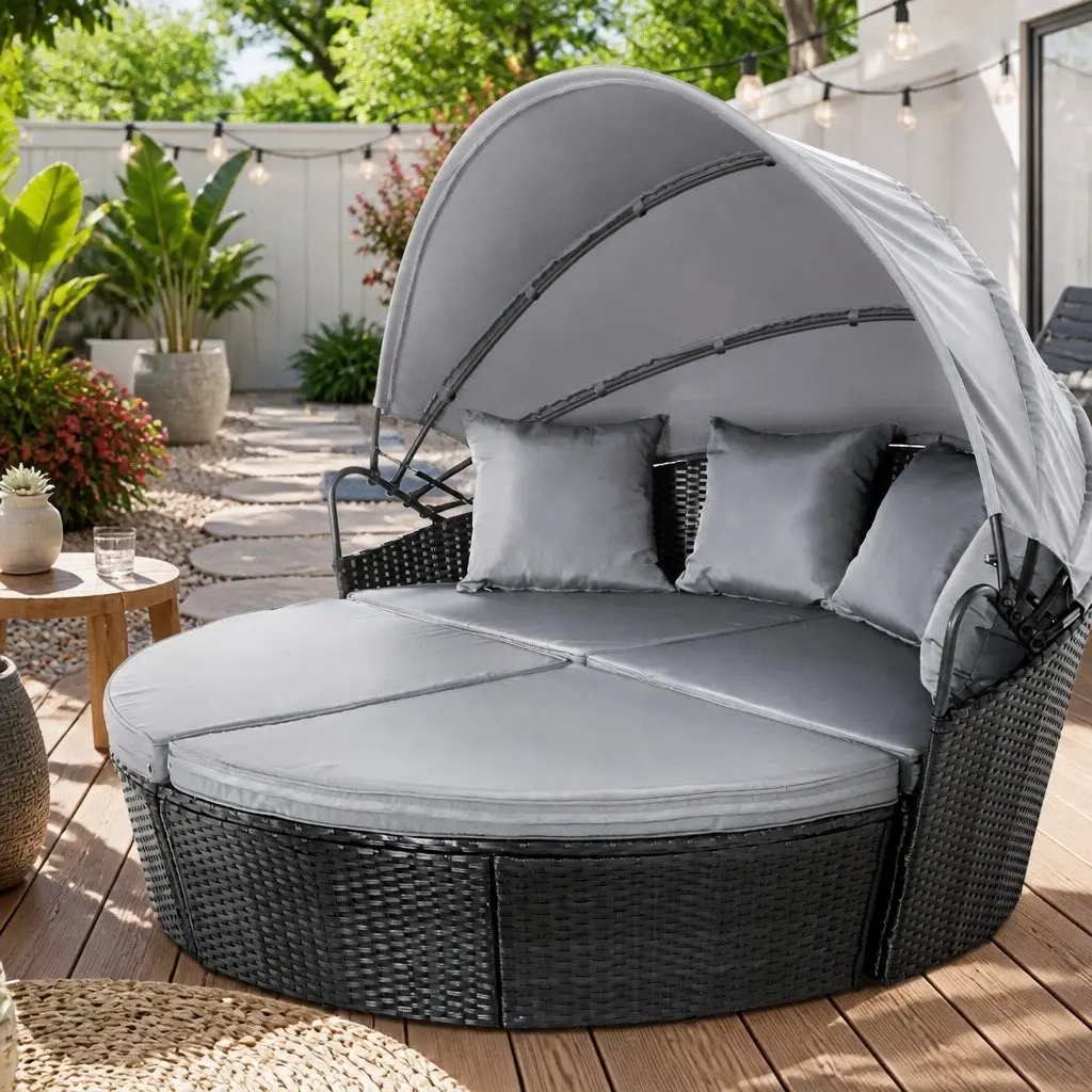 Outdoor Day Bed Sun Lounge Wicker Lounger Patio Furniture with Canopy Black