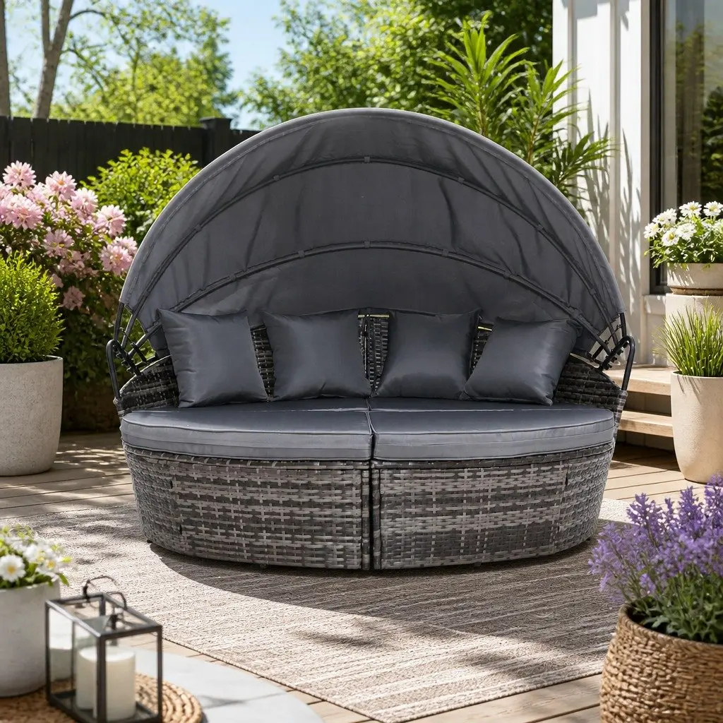 Outdoor Day Bed Sun Lounge Setting Wicker Lounger Patio Furniture Grey Folding