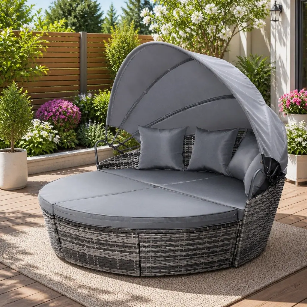 Outdoor Day Bed Sun Lounge Setting Wicker Lounger Patio Furniture Grey Folding