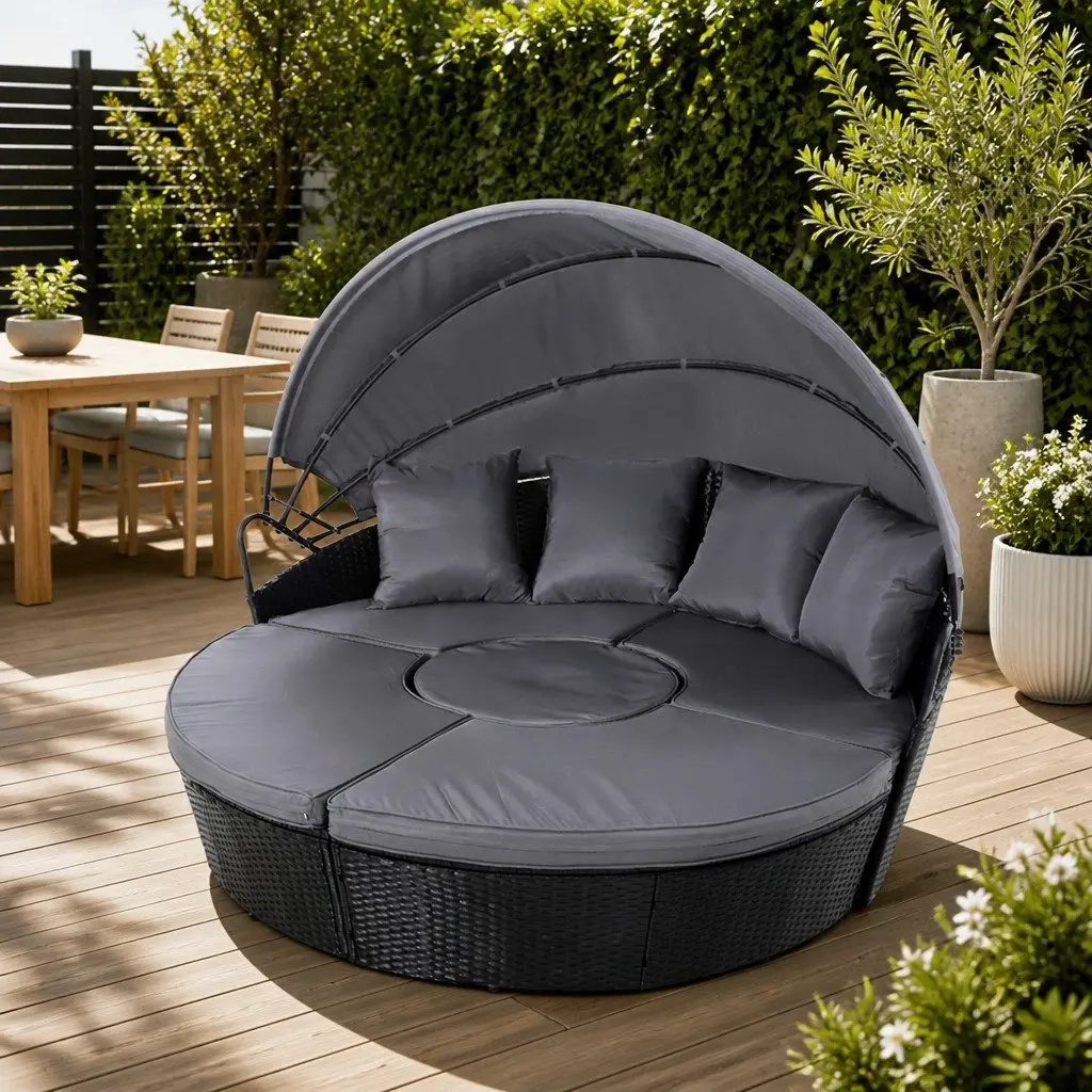 Outdoor Day Bed Wicker Lounger 168cm x 180cm Black with Grey Canopy and Cushions