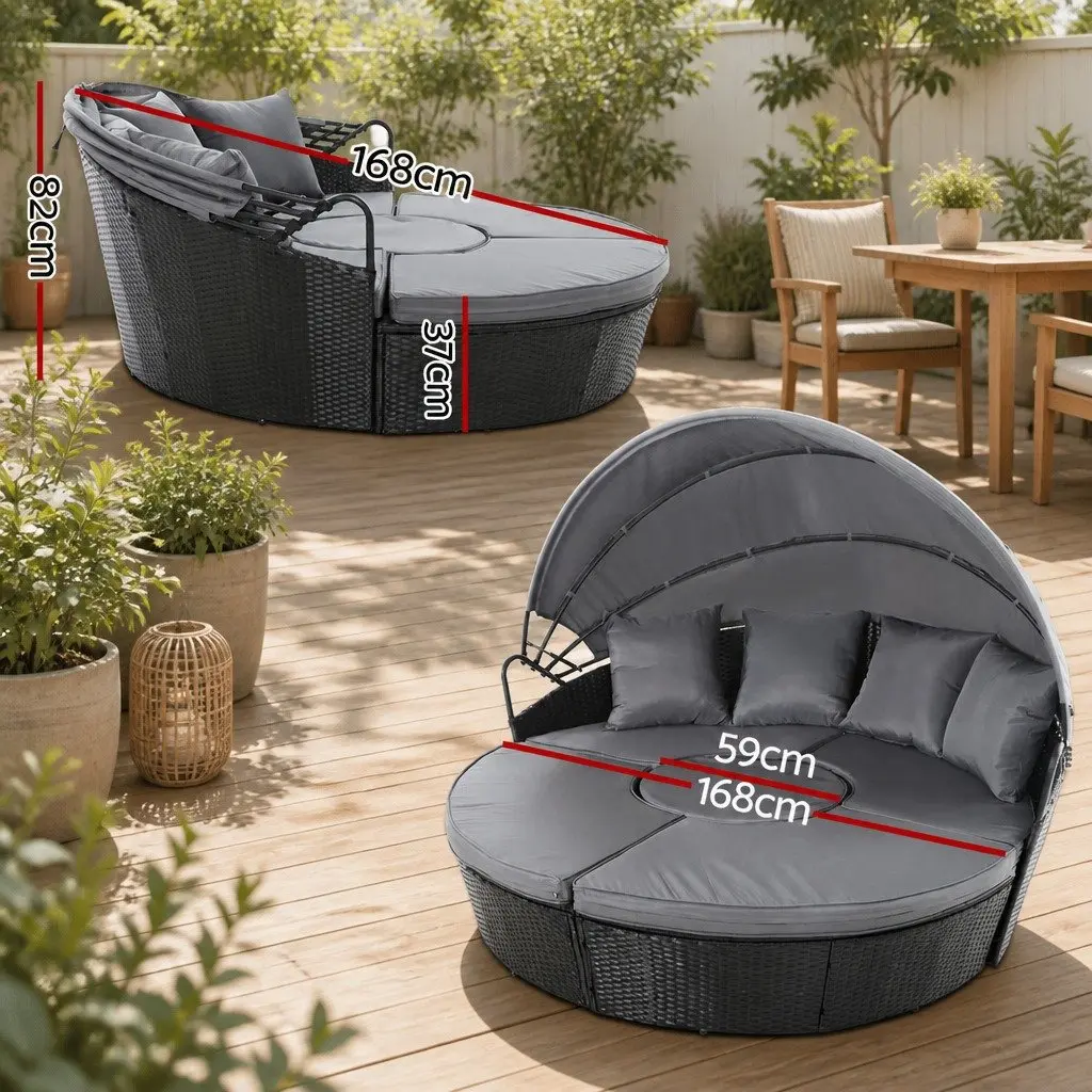 Outdoor Day Bed Wicker Lounger 168cm x 180cm Black with Grey Canopy and Cushions